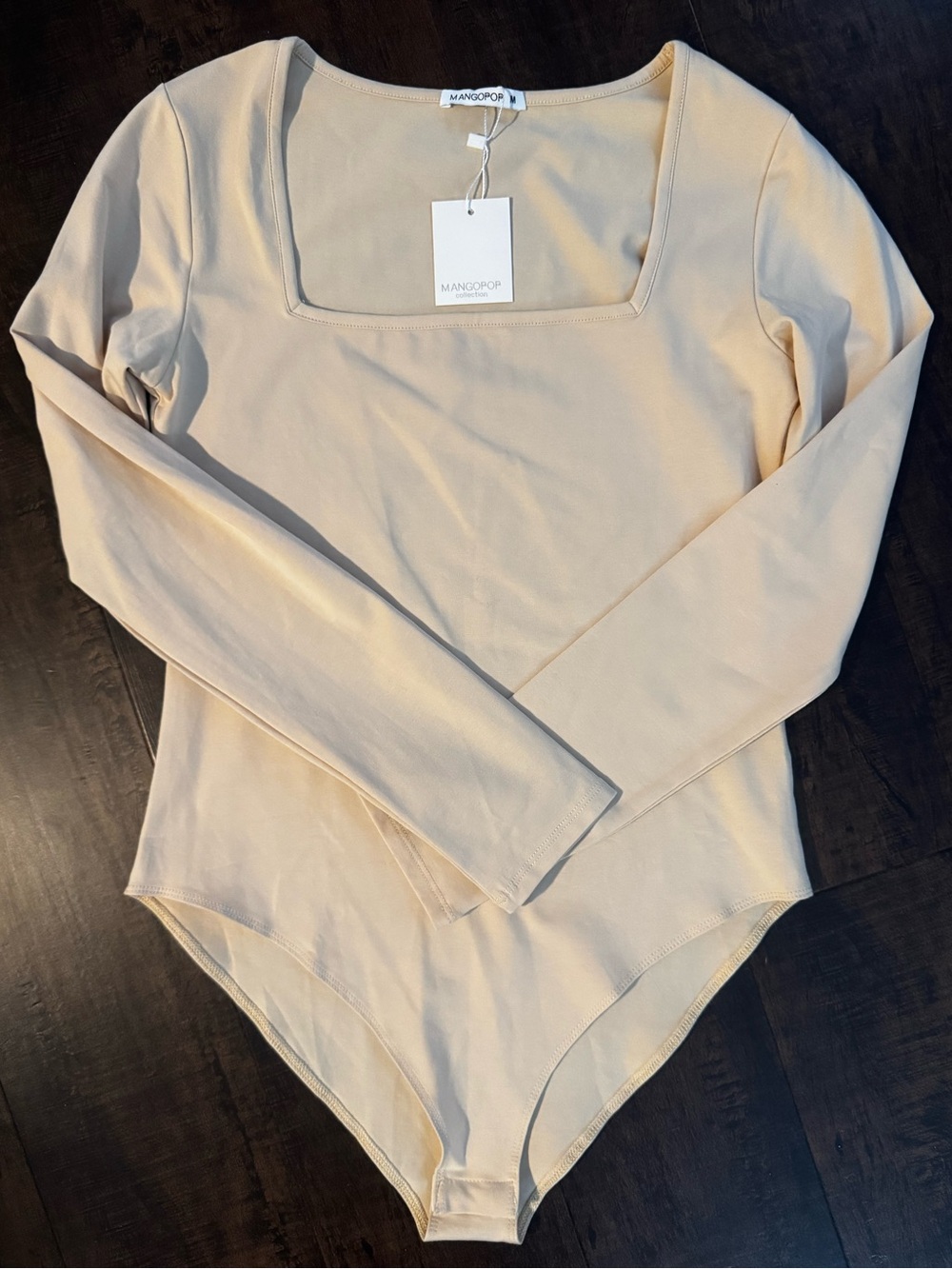 NWT MANGOPOP Square Neck Long Sleeve Bodysuit Beige M